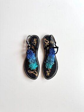SAM EDELMAN Gates Black Suede Blue Turquoise Fringe T-Strap Sandals, Size 8.5